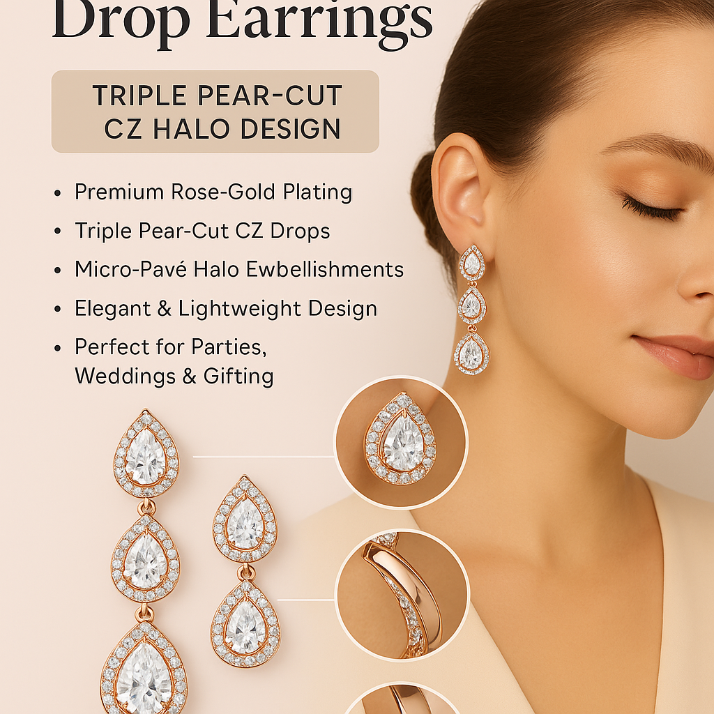 Rose-Gold Triple Teardrop CZ Earrings – Elegant Party & Evening Wear