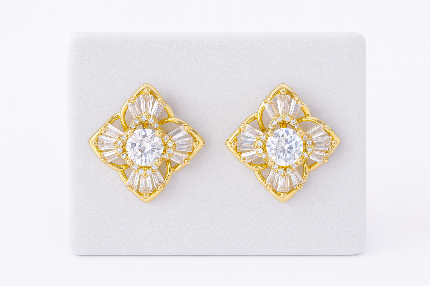Gold-Plated Geometric CZ Stud Earrings with Baguette and Round Stone Detailing