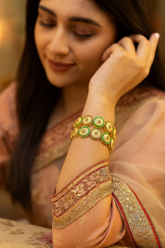 Gold-Plated Traditional Disc Enamel Bangles with Pearl Center – Bridal Kada Set for Women