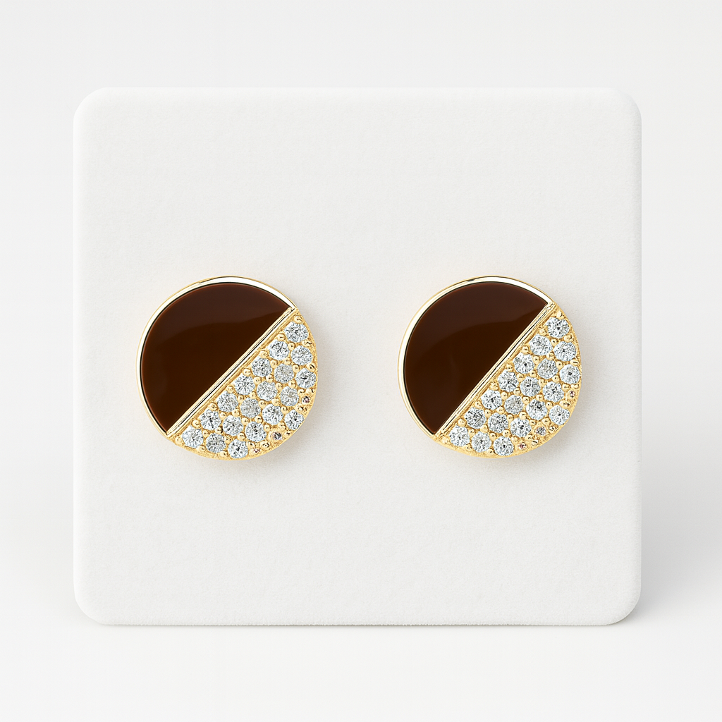 Gold-Plated Round Stud Earrings with Brown Enamel & CZ Detailing
