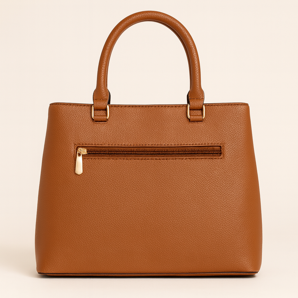 ZUBY Women's Quilted Tan Faux Leather Handbag with Dual Handles & Gold Accent