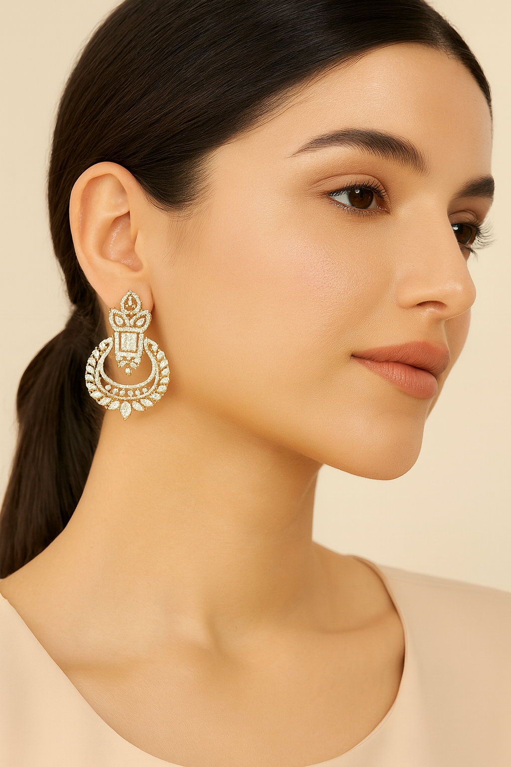 Gold-Plated CZ Chandelier Earrings with Square Centerpiece & Marquise Accents – Bridal & Festive Wear