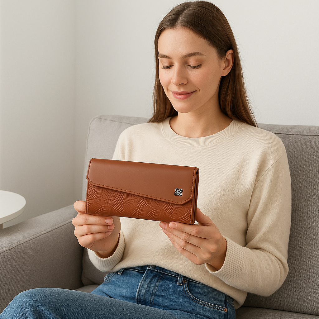 BEXLEE Premium Women's Tan Wallet – Elegant Embossed Faux Leather Clutch with Multi-Compartment Storage