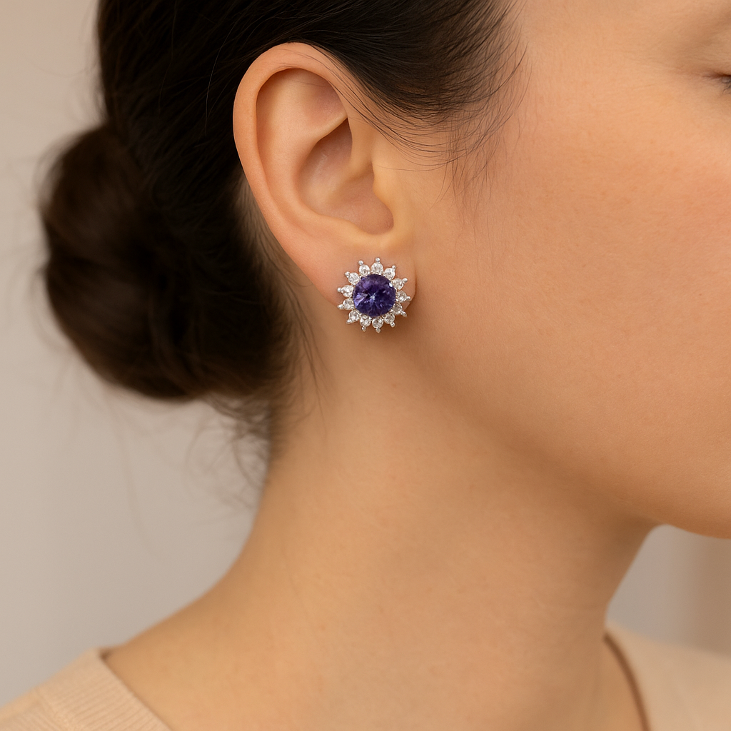 Platinum-Plated Purple CZ Stud Earrings with Halo of White Stones