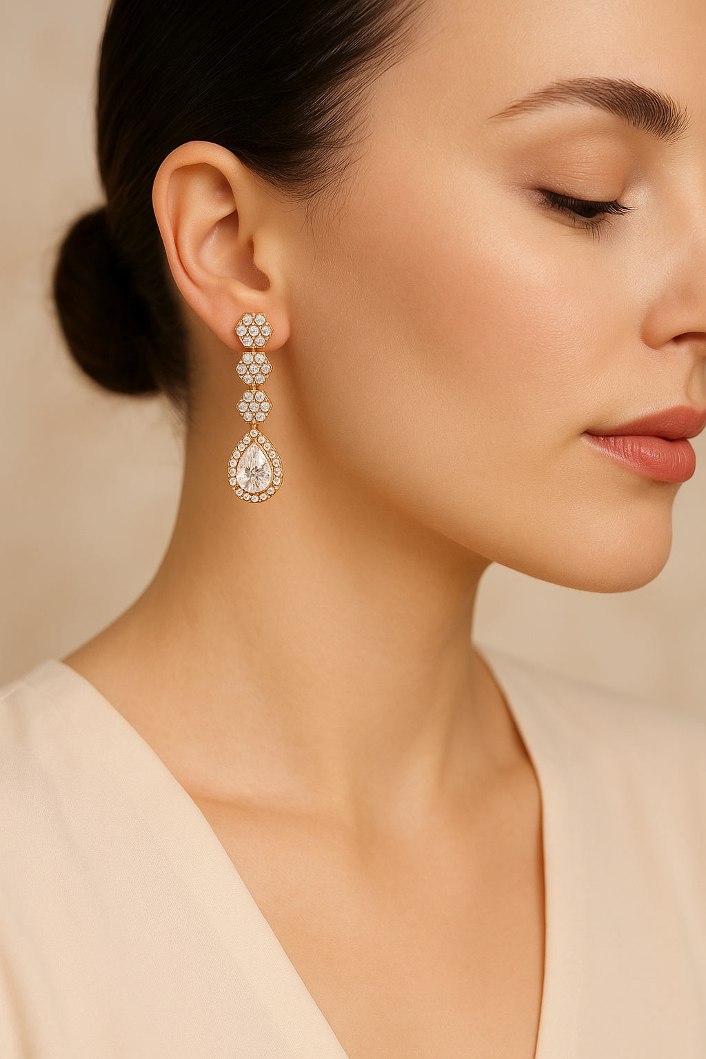 Rose-Gold Plated CZ Drop Earrings with Hexagon & Teardrop Design