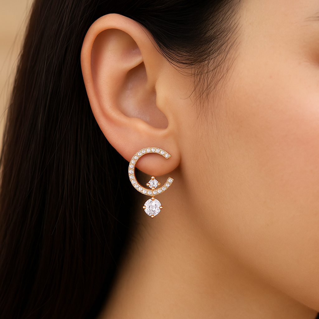 Rose Gold-Plated Crescent CZ Earrings with Geometric Drop Detailing