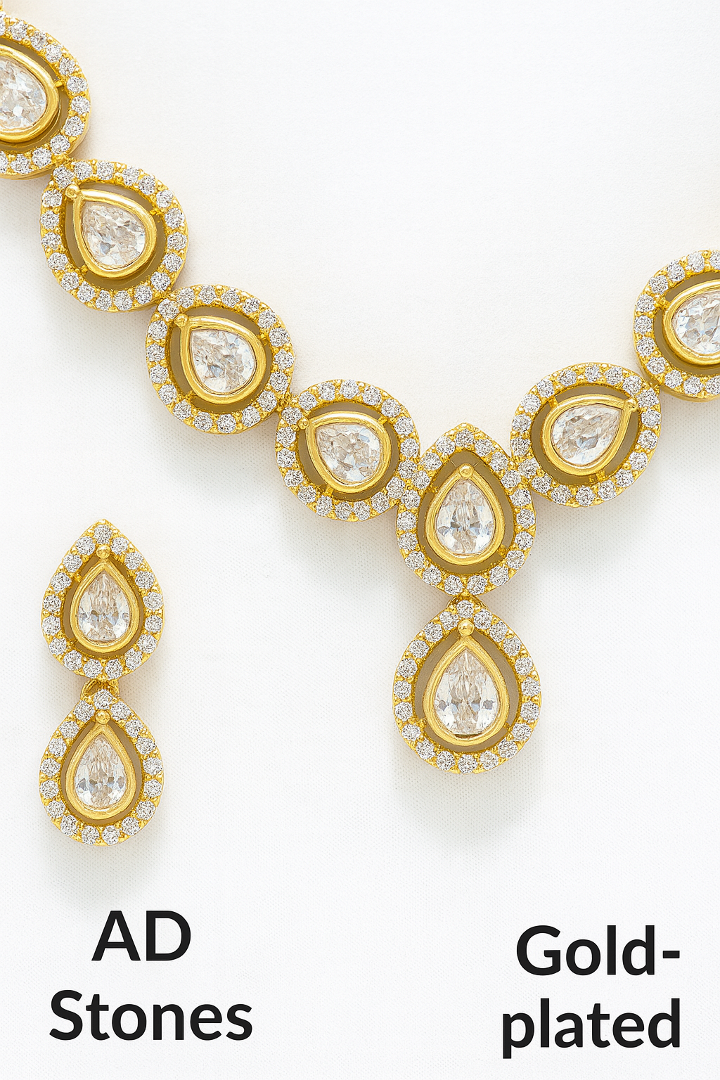 Royal Gold-Tone Kundan Style Necklace & Earrings Set with Pear-Shaped Motifs