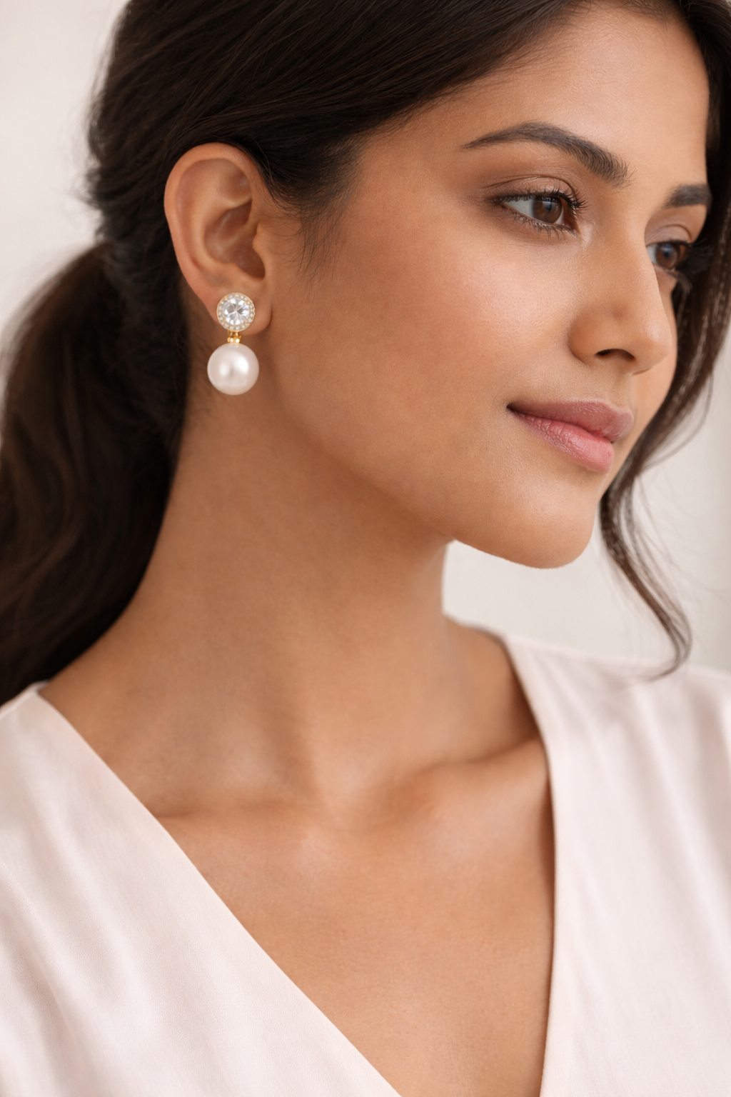 Gold-Plated Pearl Drop Earrings for Women โ CZ Halo Stud Elegant Party Jewellery