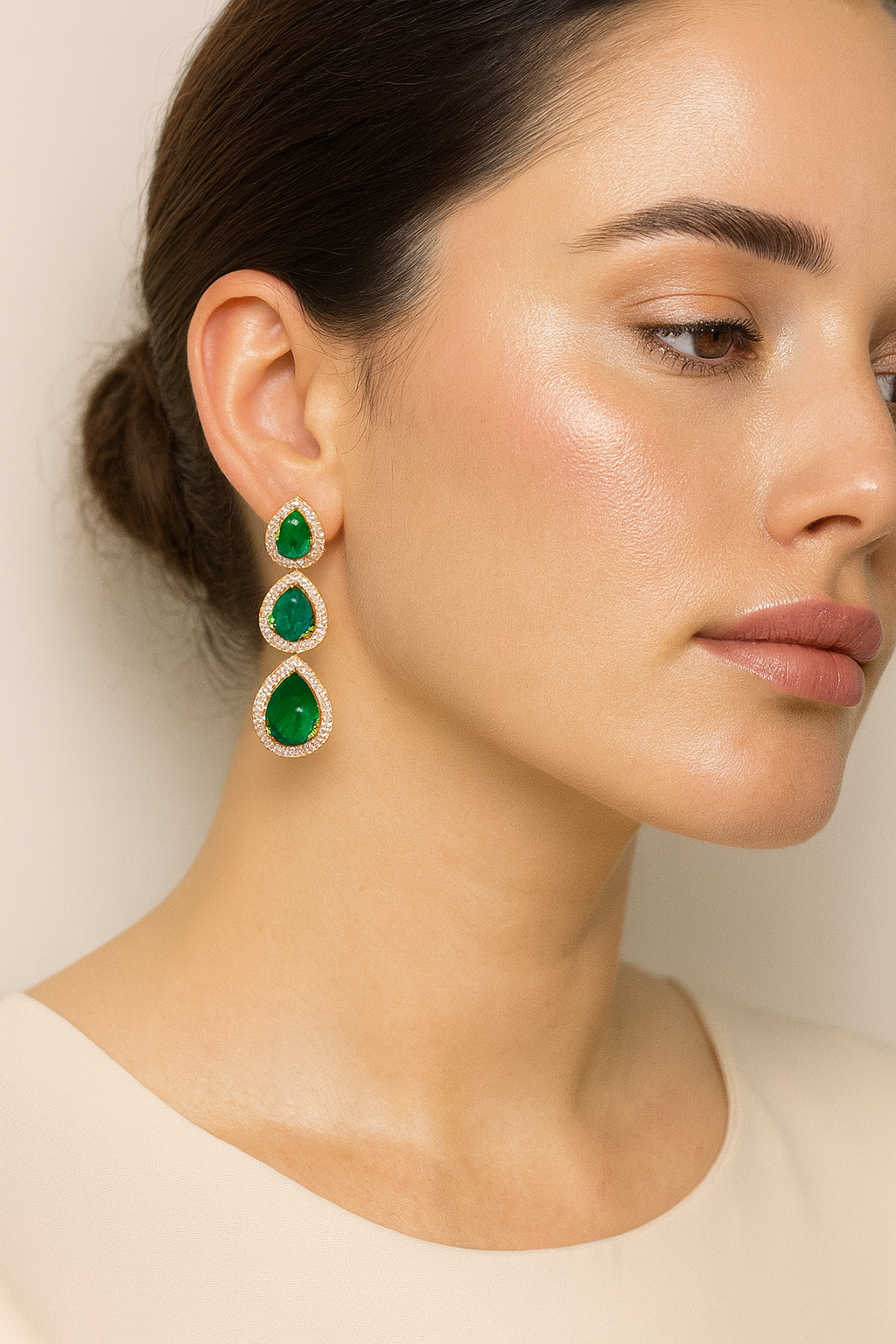 Rose-Gold Triple Emerald Drop Earrings – CZ Halo Statement Design