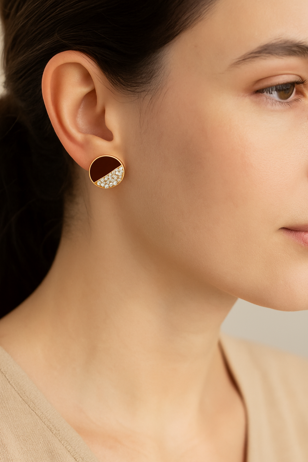 Gold-Plated Round Stud Earrings with Brown Enamel & CZ Detailing