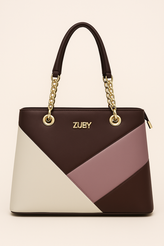 ZUBY Multi-Tone Geometric Handbag with Gold Chain Handles – Modern Luxe Design