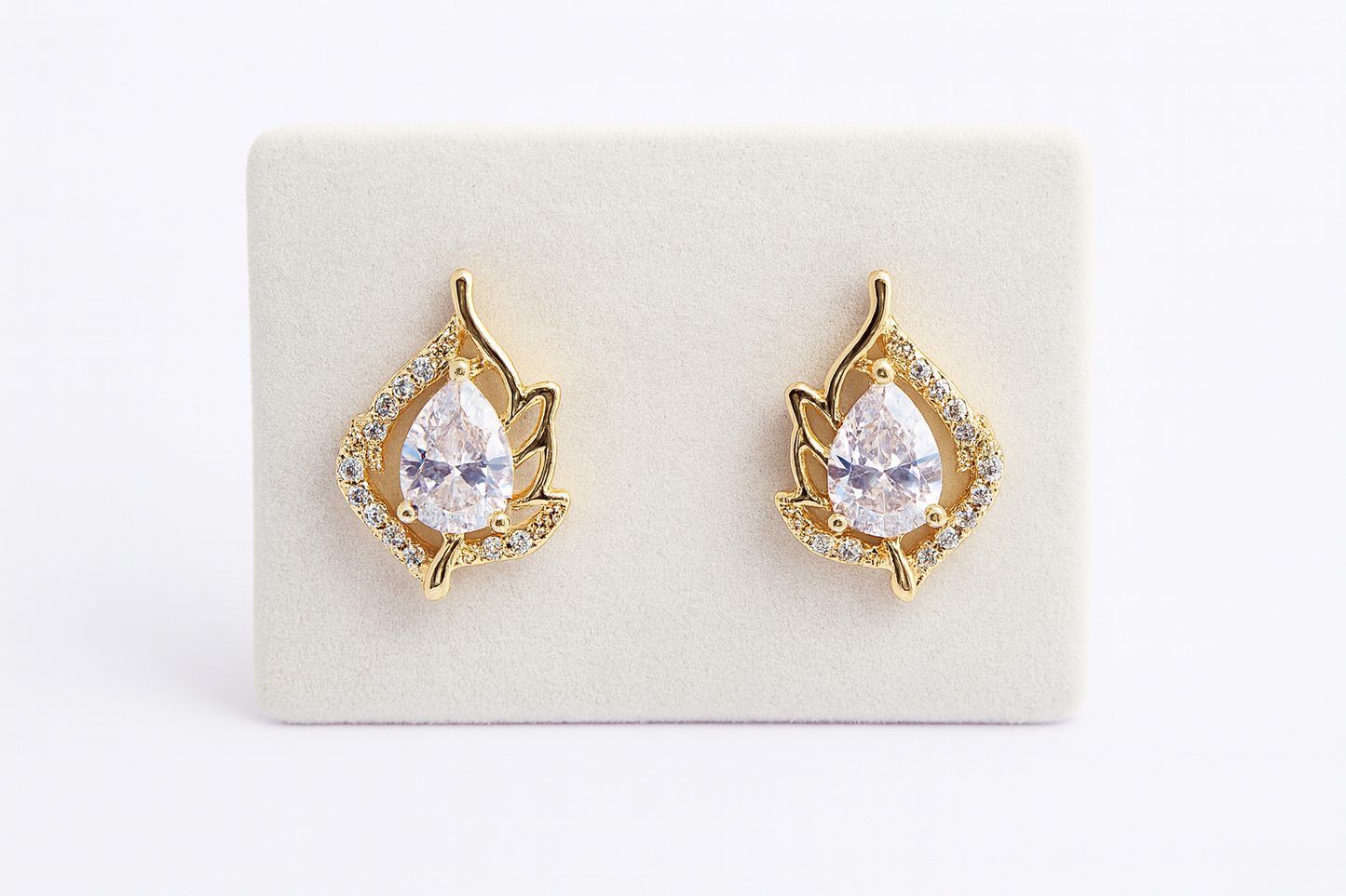 Gold-Plated Leaf-Design Stud Earrings with Teardrop CZ Center
