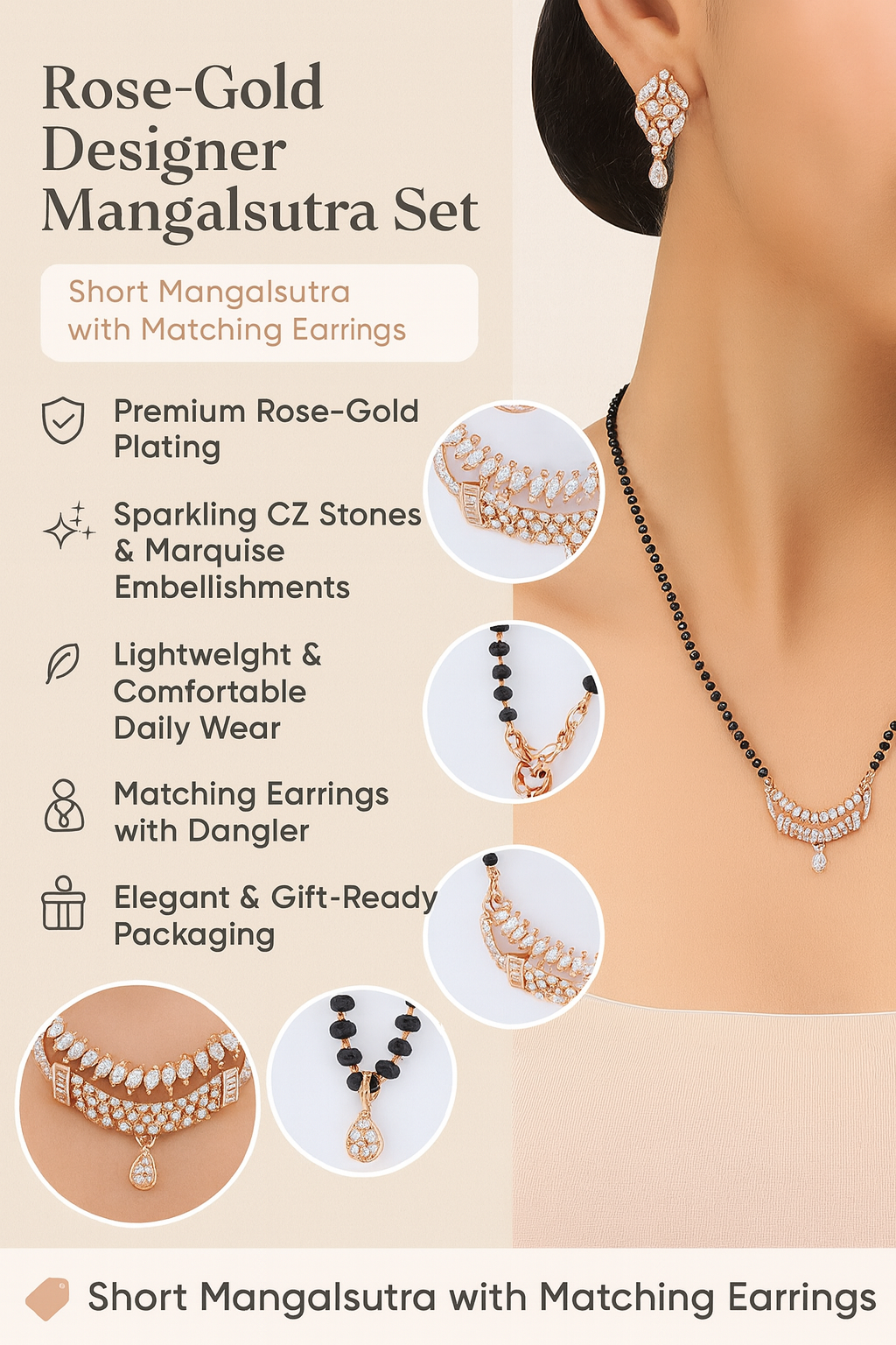 Rose Gold-Plated Designer Mangalsutra with Matching Earrings | CZ Stone Bridal Set