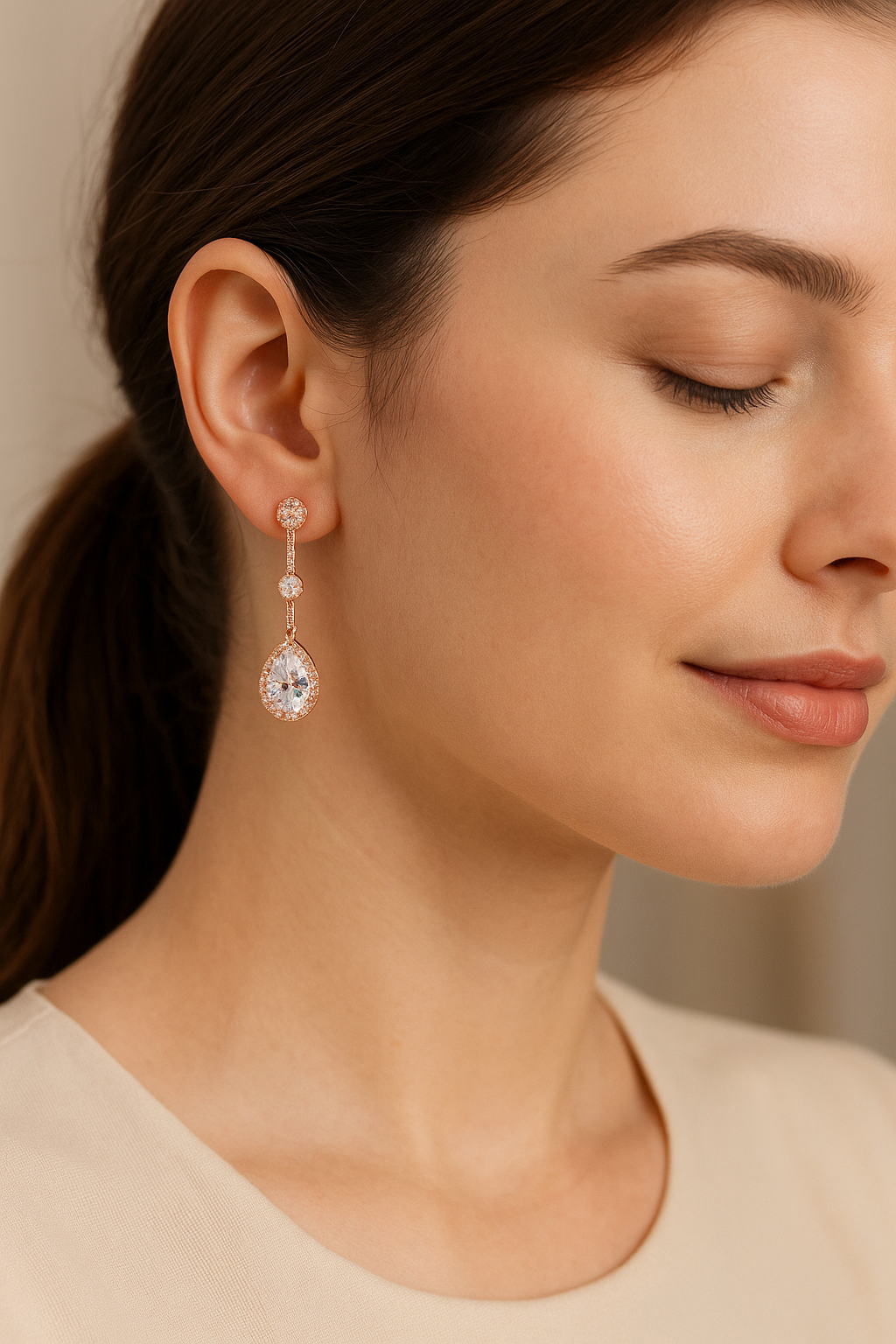 Rose Gold-Plated Linear Drop Earrings with Teardrop CZ Halo
