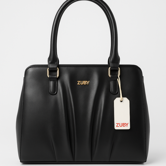 ZUBY Classic Black Pleated Handbag – Structured Tote with Elegant Draped Front and Gold Accents