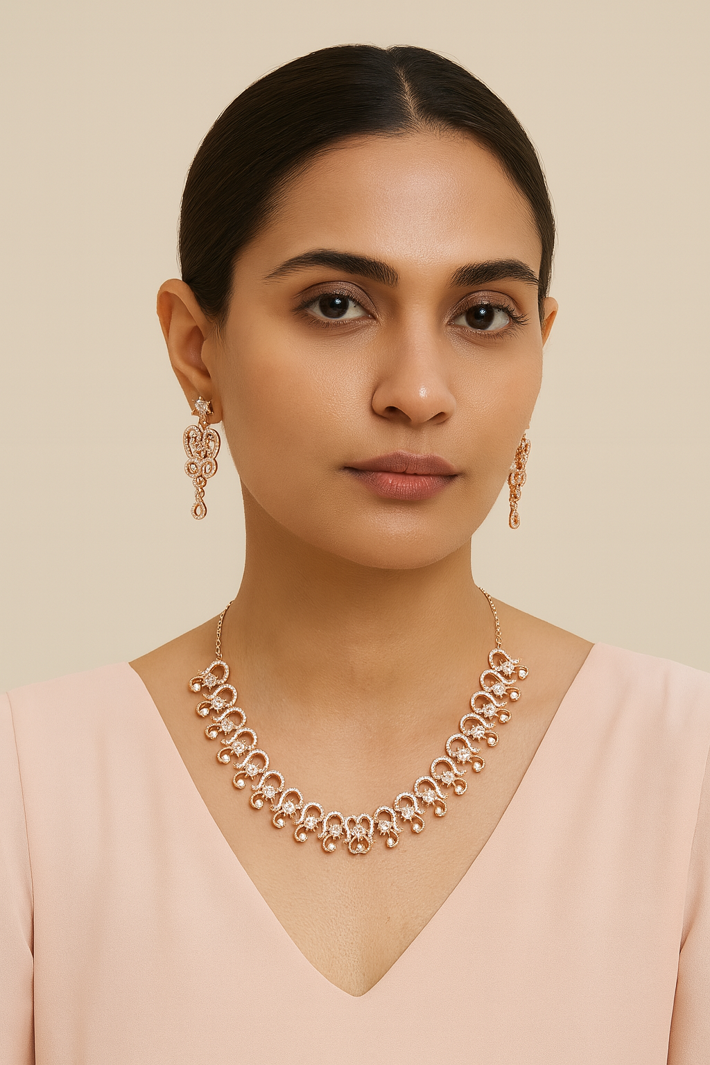 Antique Gold-Toned Floral Motif Necklace & Earrings Set with White Stone Detailing