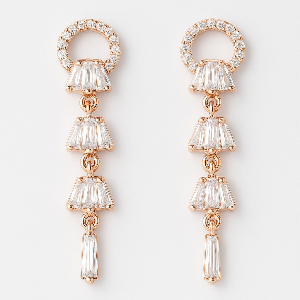 Rose-Gold Plated Linear Drop Earrings with Baguette CZ Stones