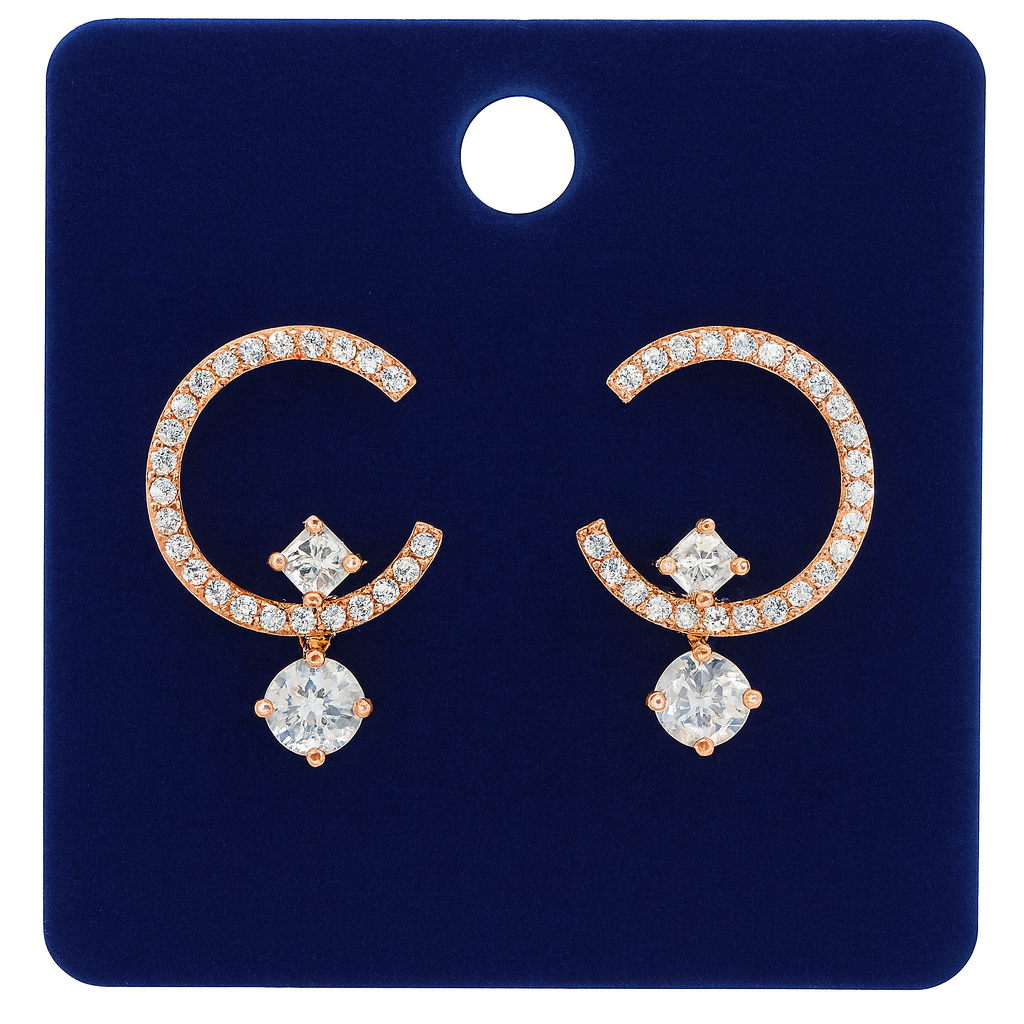 Rose Gold-Plated Crescent CZ Earrings with Geometric Drop Detailing