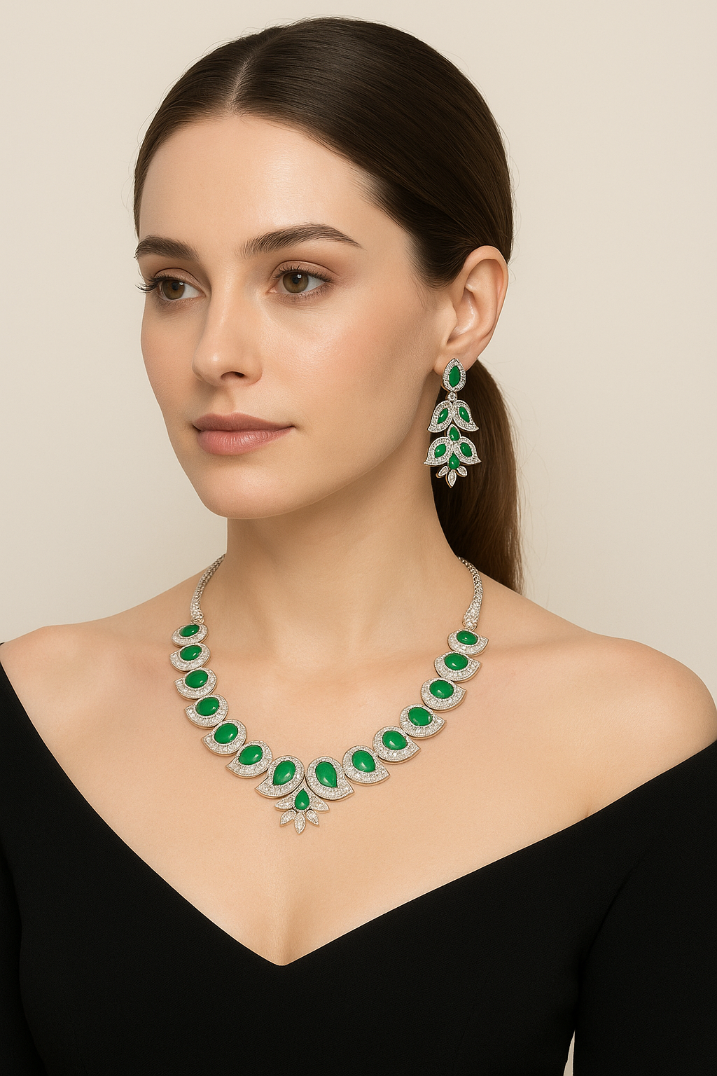 Elegant Emerald Green Stone Necklace & Earrings Set with Diamond Accents