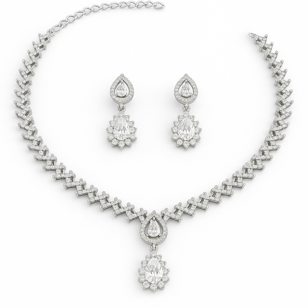 Classic Rhodium-Plated Diamond Look Necklace & Earrings Set with Solitaire Drop Pendant