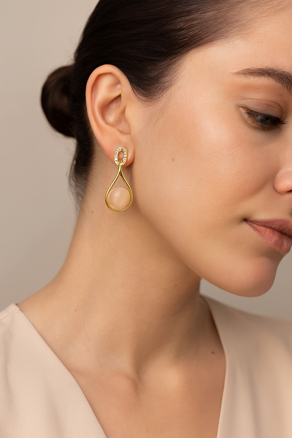 Gold-Plated Open Teardrop Earrings with Beige Round Stone and CZ-Studded Top