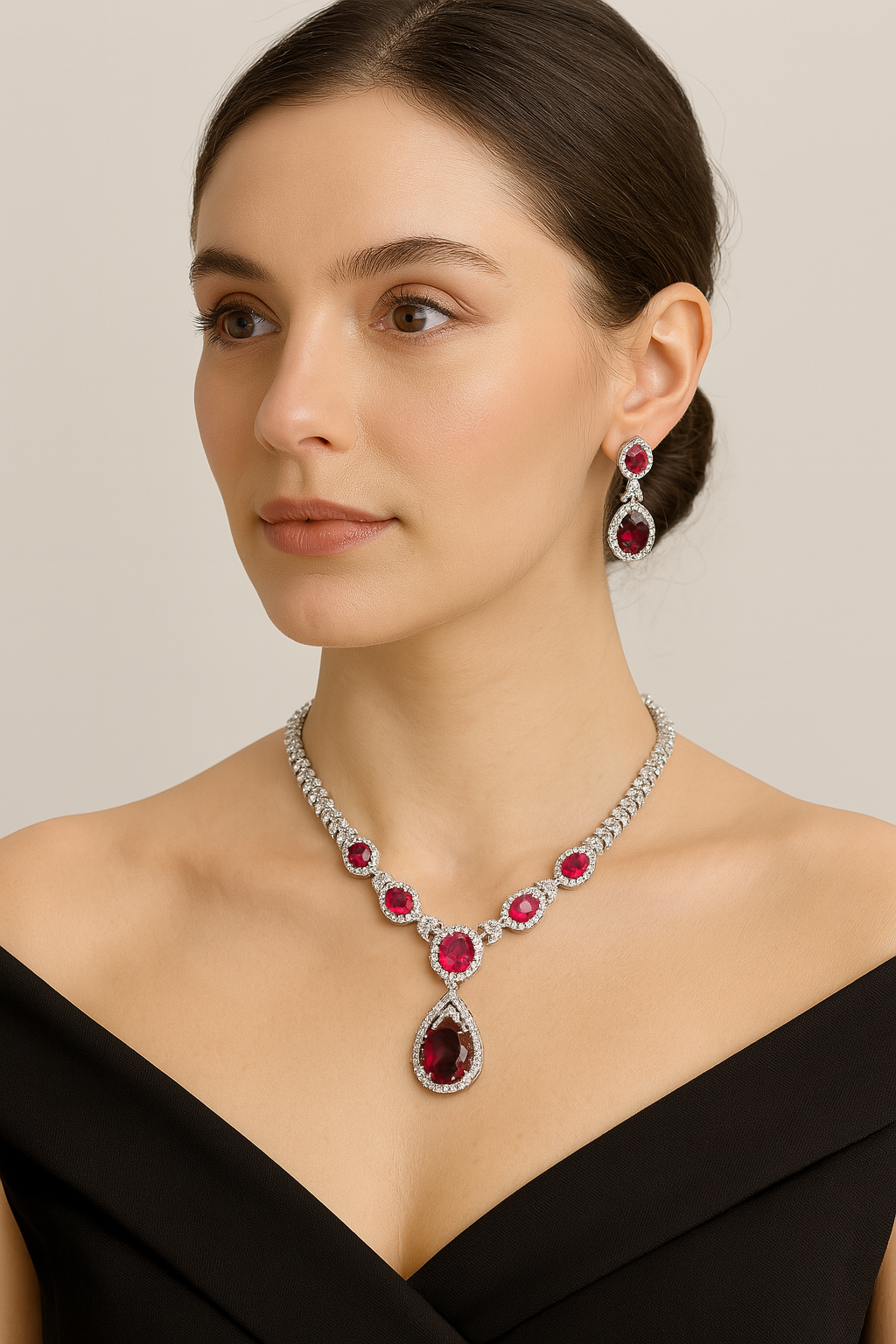 Radiant Ruby Red Stone Necklace & Earrings Set with Diamond Accents