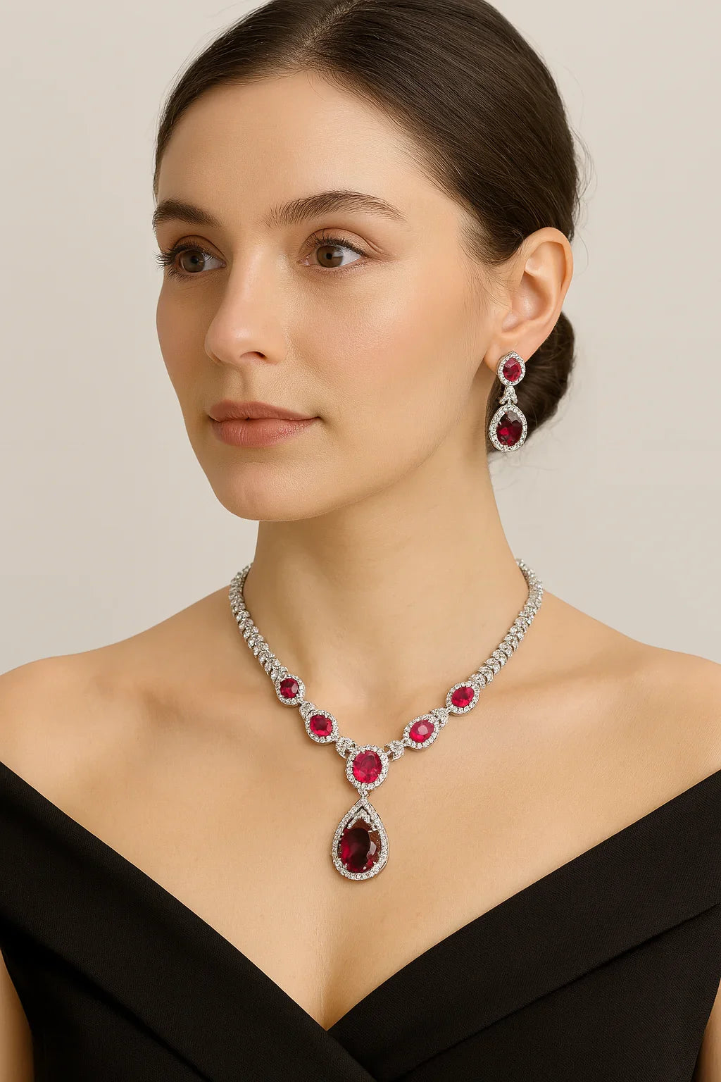 Radiant Ruby Red Stone Necklace & Earrings Set with Diamond Accents