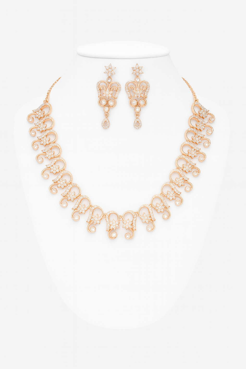 Antique Gold-Toned Floral Motif Necklace & Earrings Set with White Stone Detailing