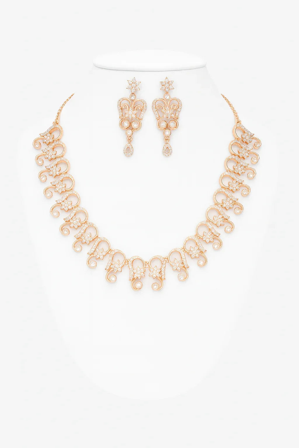Antique Gold-Toned Floral Motif Necklace & Earrings Set with White Stone Detailing