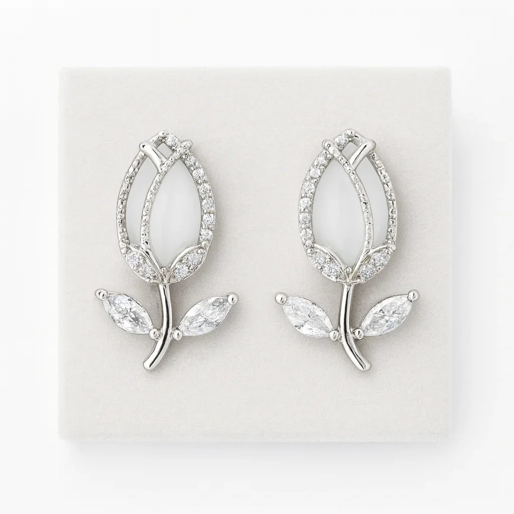 Silver-Plated Tulip Flower Stud Earrings with CZ Accents