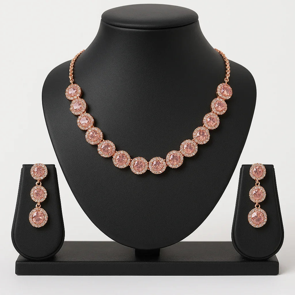 Elegant Rose Gold-Plated Pink CZ Necklace & Earrings Set with Round Halo Design