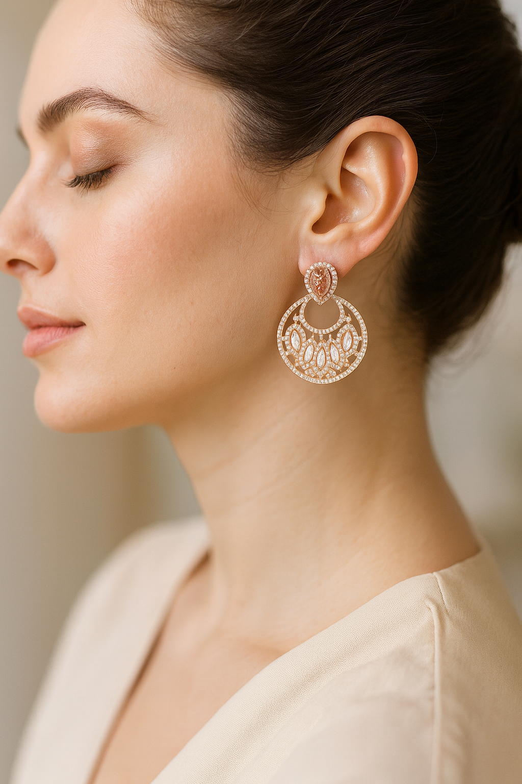 Rose-Gold Chandelier Earrings with Marquise CZ & Peach Teardrop Stud – Party & Bridal Wear