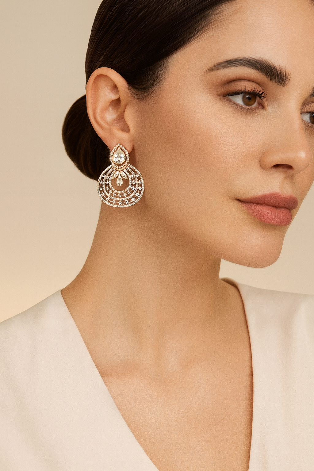 Rose-Gold Plated CZ Chandelier Earrings with Peach Teardrop Stone – Bridal & Party Wear