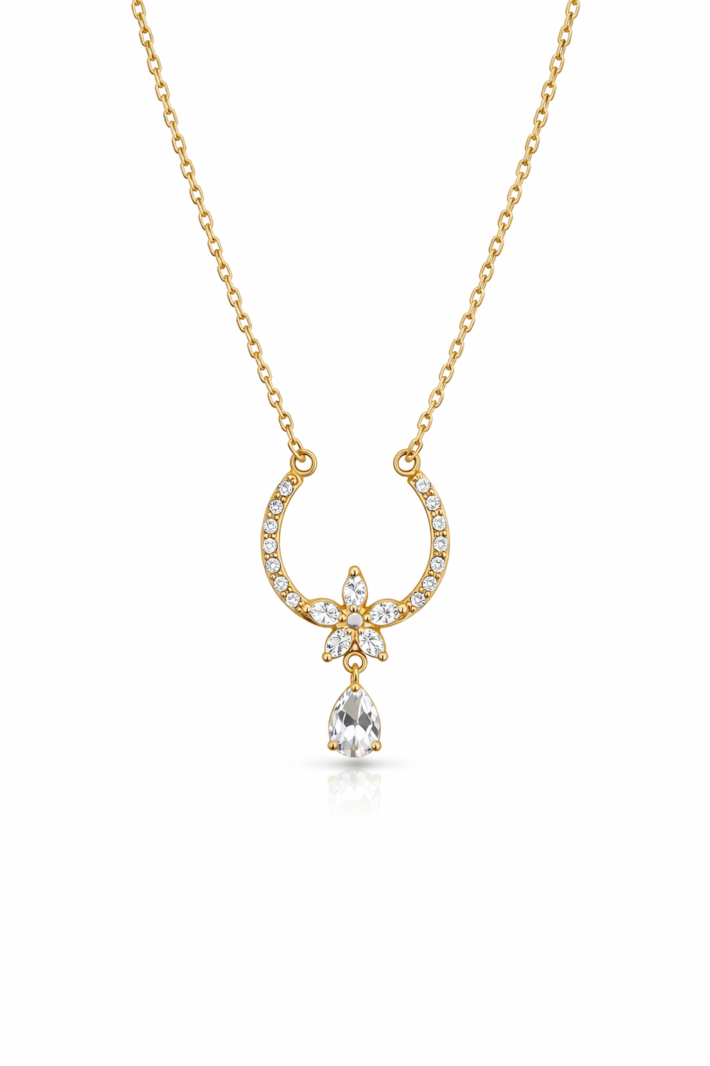 Gold-Plated Crescent Floral Pendant Necklace for Women – CZ Teardrop Dangler Jewellery