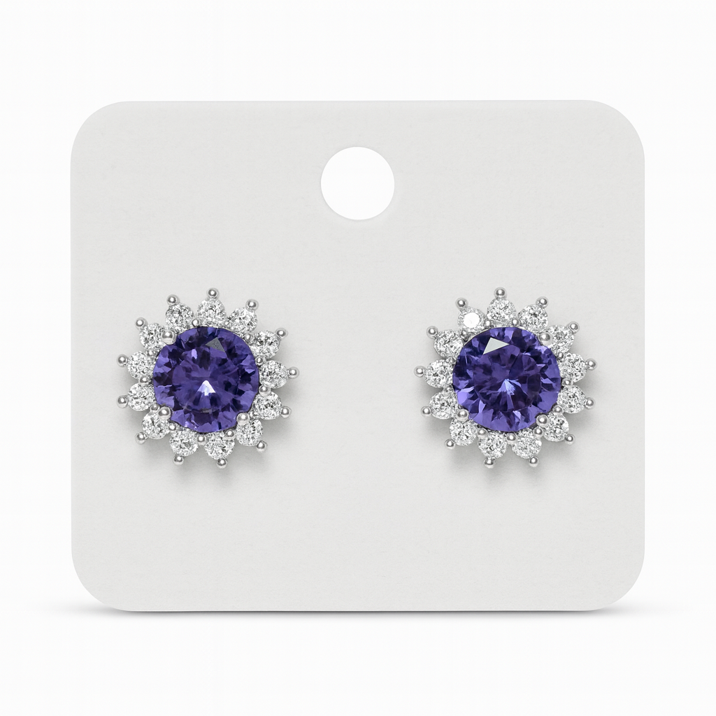 Platinum-Plated Purple CZ Stud Earrings with Halo of White Stones