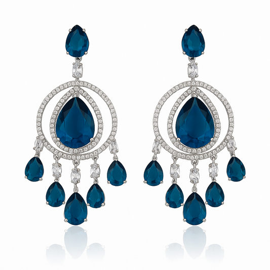 Statement Silver-Plated Blue Crystal Chandelier Earrings with Teardrop Dangles