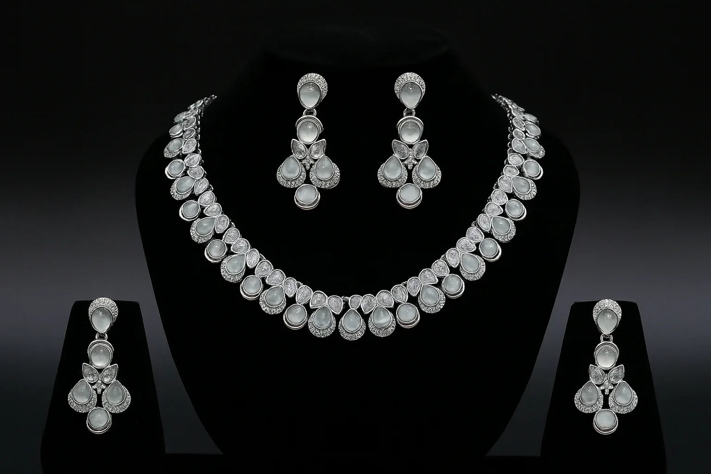 White Moonstone Teardrop Necklace & Earrings Set with Silver Finish