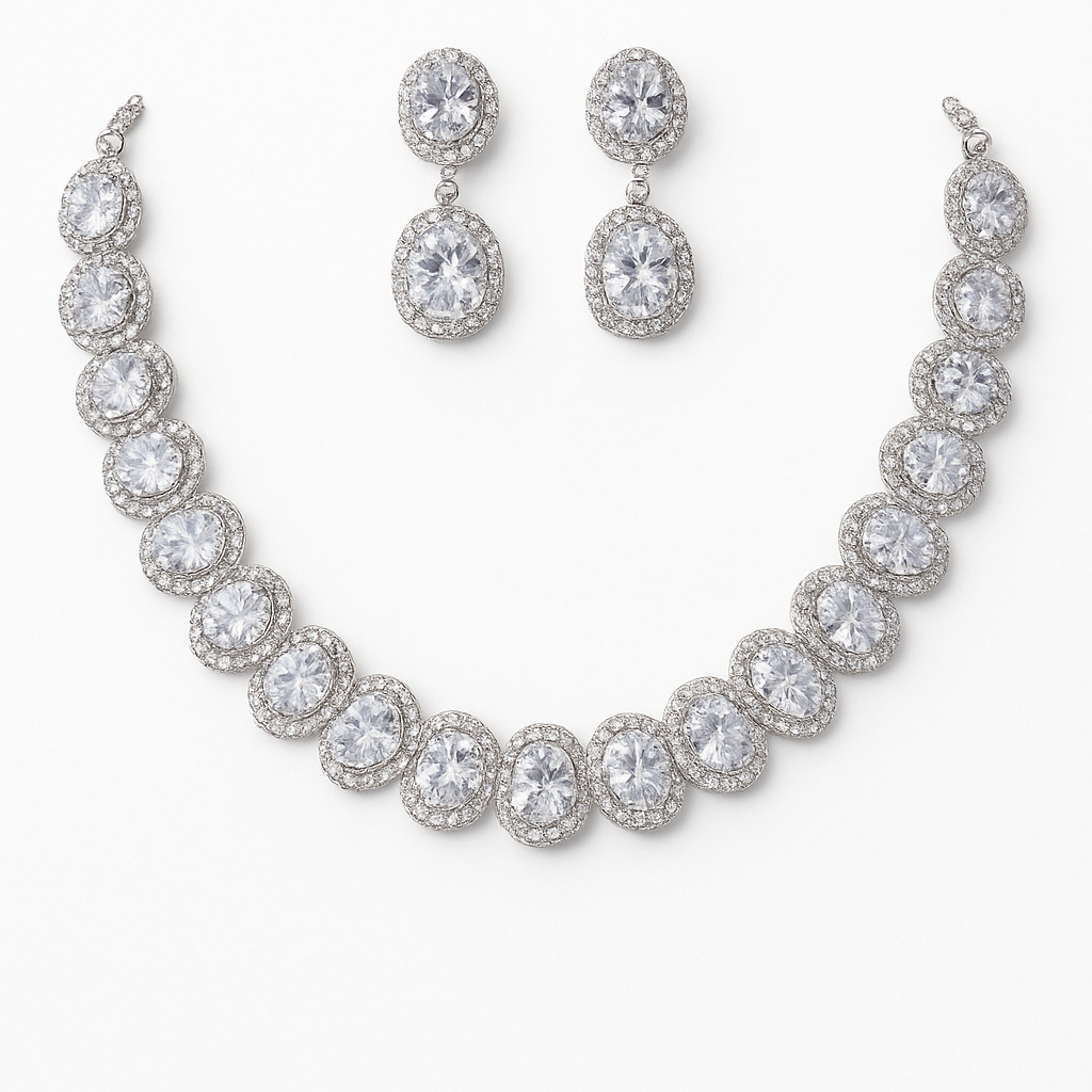Glamorous Silver-Toned Oval CZ Necklace & Earrings Set with Double Halo Design