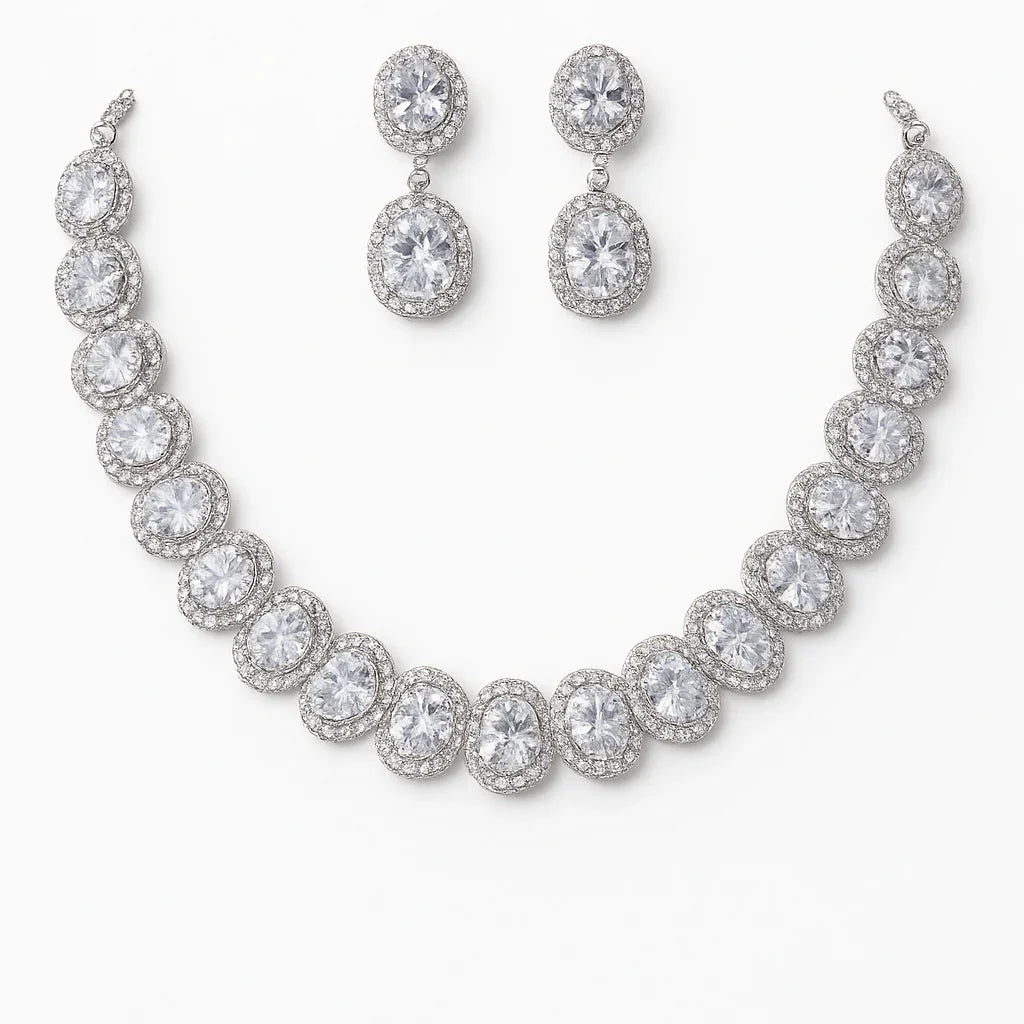 Glamorous Silver-Toned Oval CZ Necklace & Earrings Set with Double Halo Design