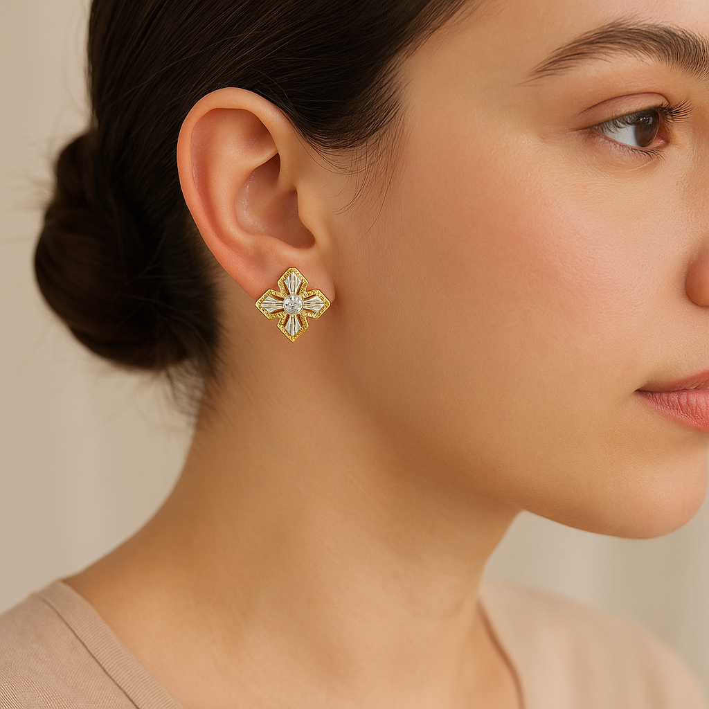 Gold-Plated Geometric CZ Stud Earrings with Baguette and Round Stone Detailing