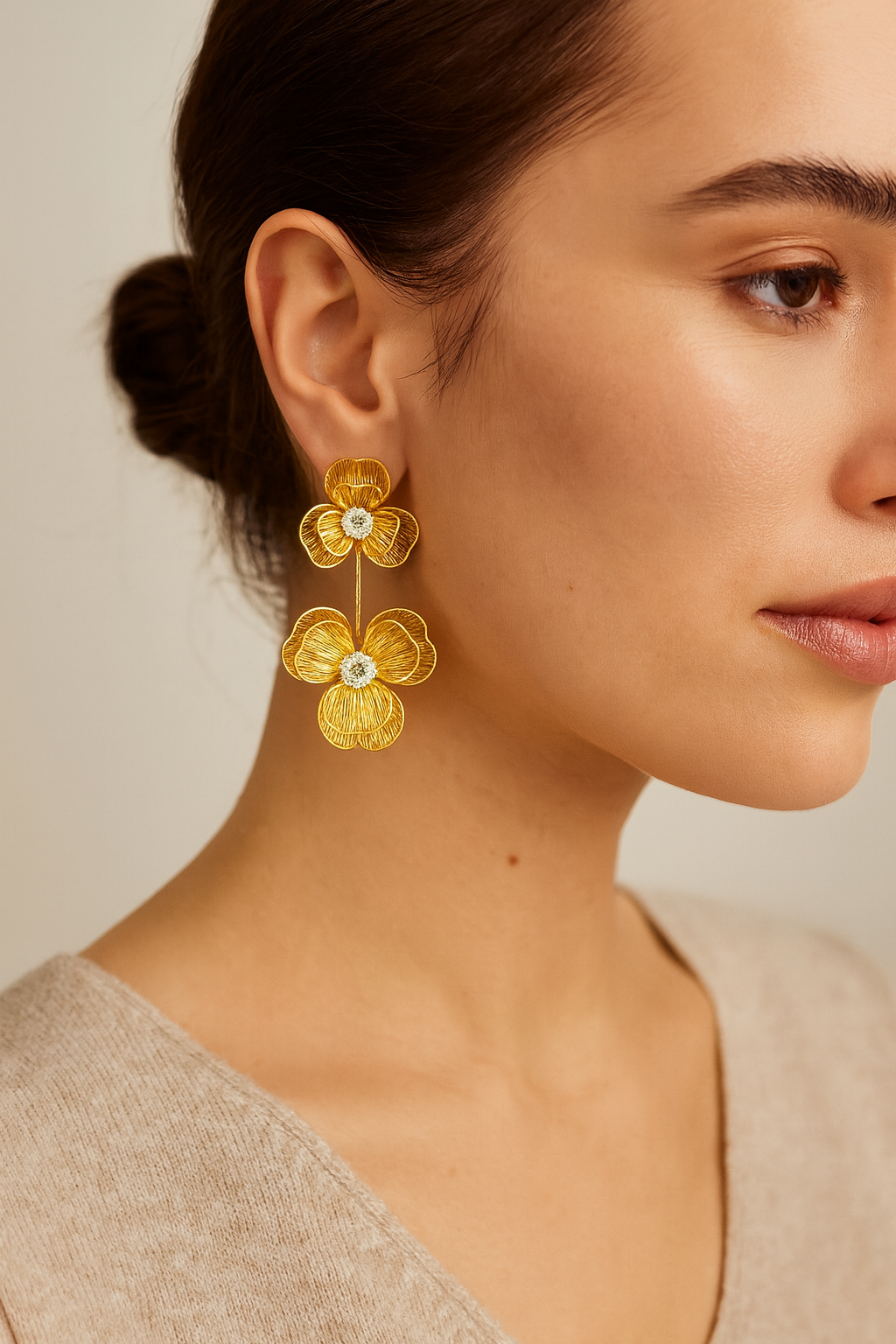 Gold-Plated Double Flower Drop Earrings with Crystal Centers