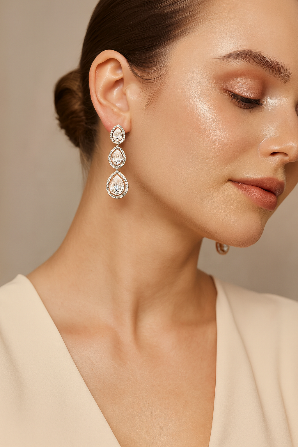 Rose-Gold Triple Teardrop CZ Earrings – Elegant Party & Evening Wear