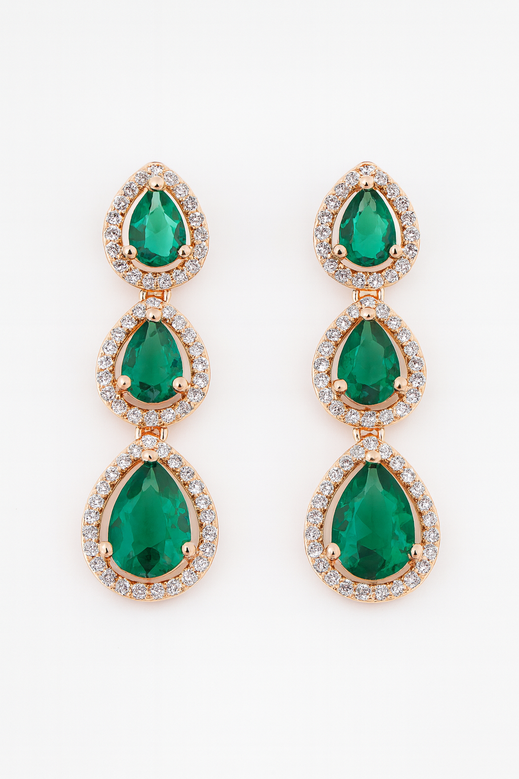 Rose-Gold Triple Emerald Drop Earrings – CZ Halo Statement Design