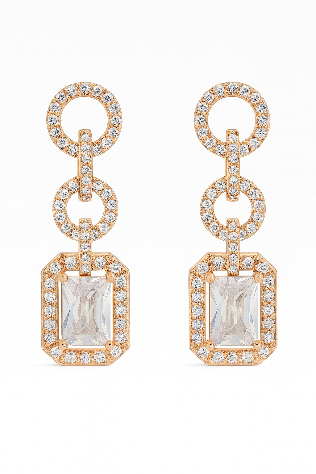 Rose-Gold Plated CZ Statement Drop Earrings with Geometric Link Design