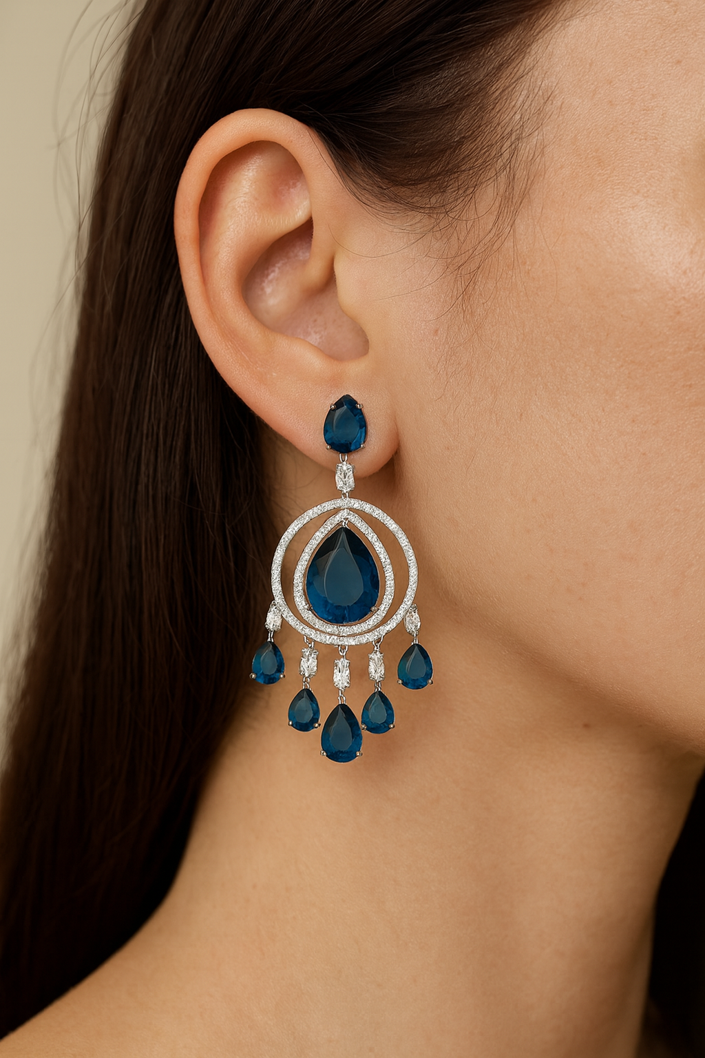 Statement Silver-Plated Blue Crystal Chandelier Earrings with Teardrop Dangles