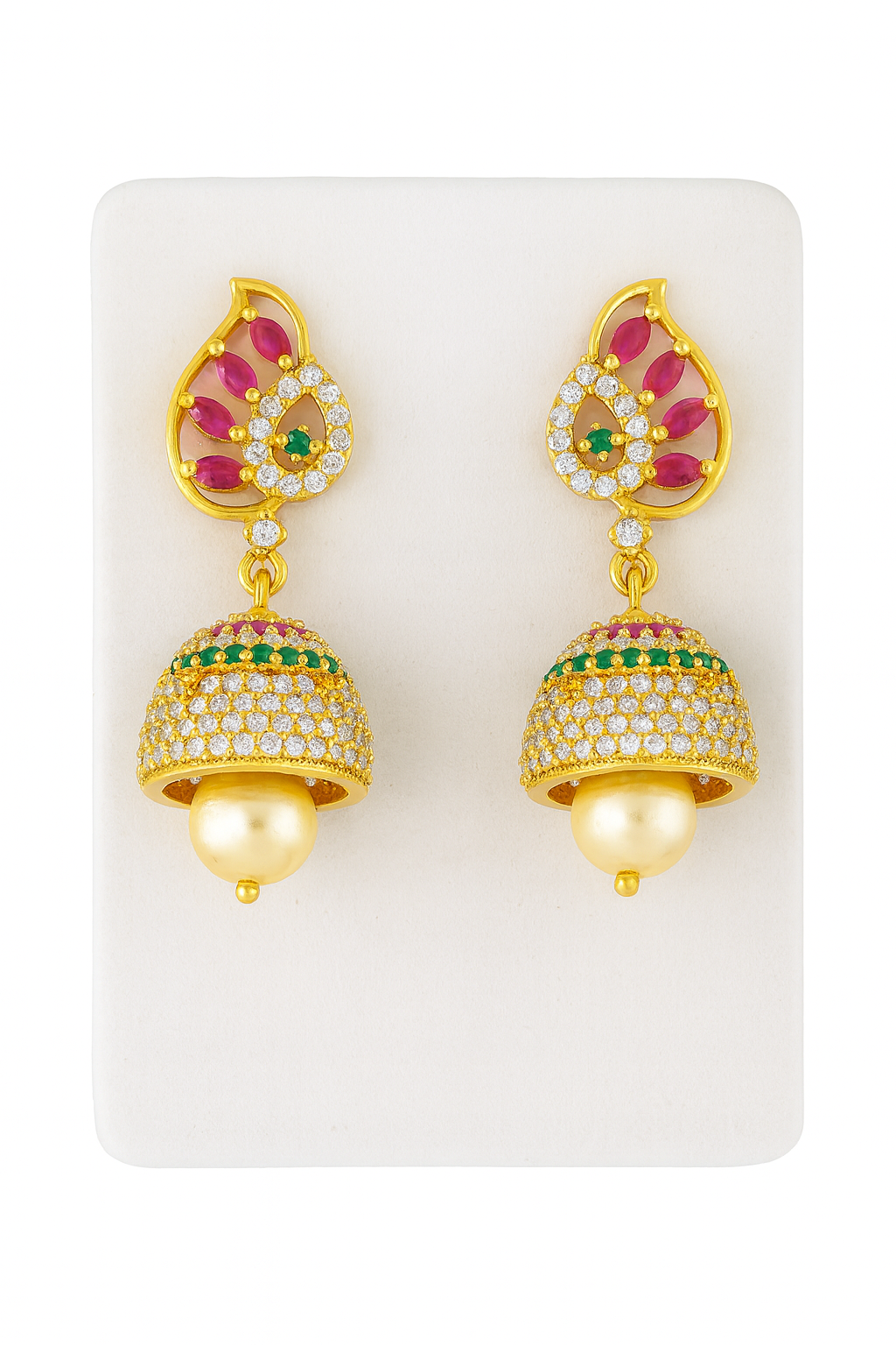 Gold-Plated Jhumka Earrings with Ruby, Emerald, and Pearl Detailing