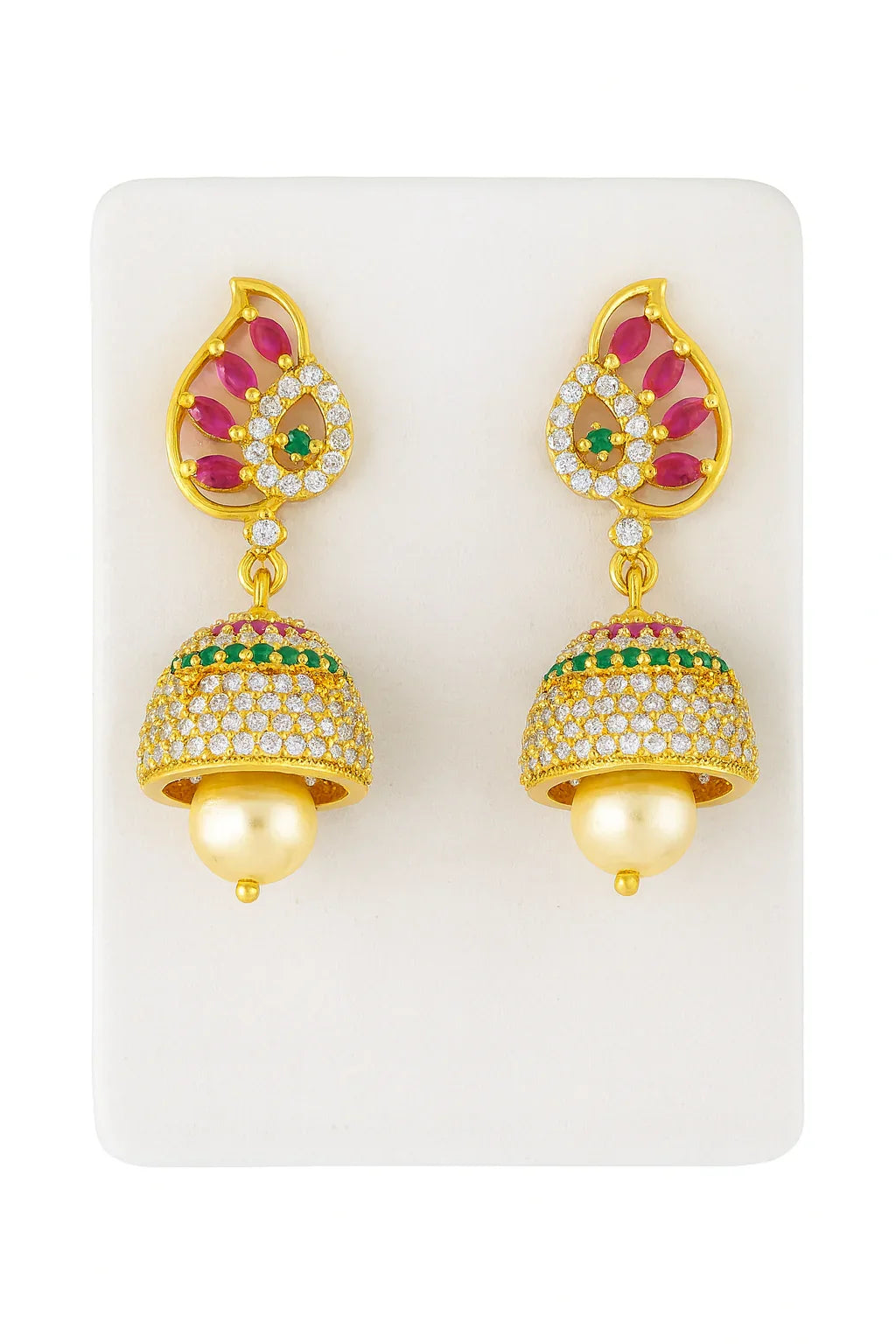 Gold-Plated Jhumka Earrings with Ruby, Emerald, and Pearl Detailing