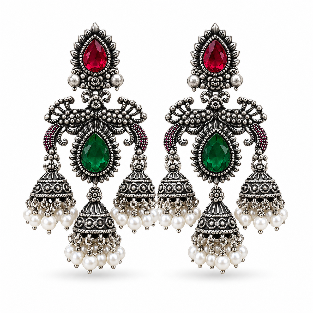 Oxidised Silver Triple Jhumka Earrings with Ruby & Emerald Stones | Pearl Chandbali Earrings for Women