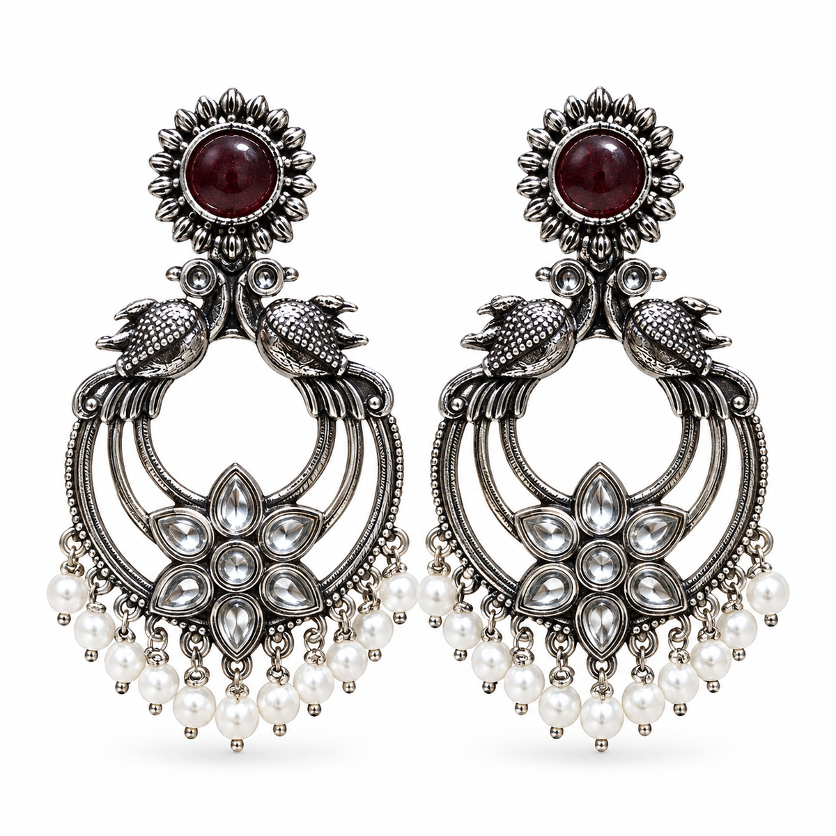 Oxidised Silver Bird Chandbali Earrings with Maroon Stone & Pearl Drops | Traditional Ethnic Earrings for Women
