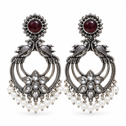 Oxidised Silver Bird Chandbali Earrings with Maroon Stone & Pearl Drops | Traditional Ethnic Earrings for Women